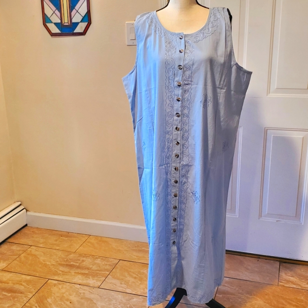 New Laddi Blue Embroidered Maxi Dress Front Buttons Sleeveless 2X